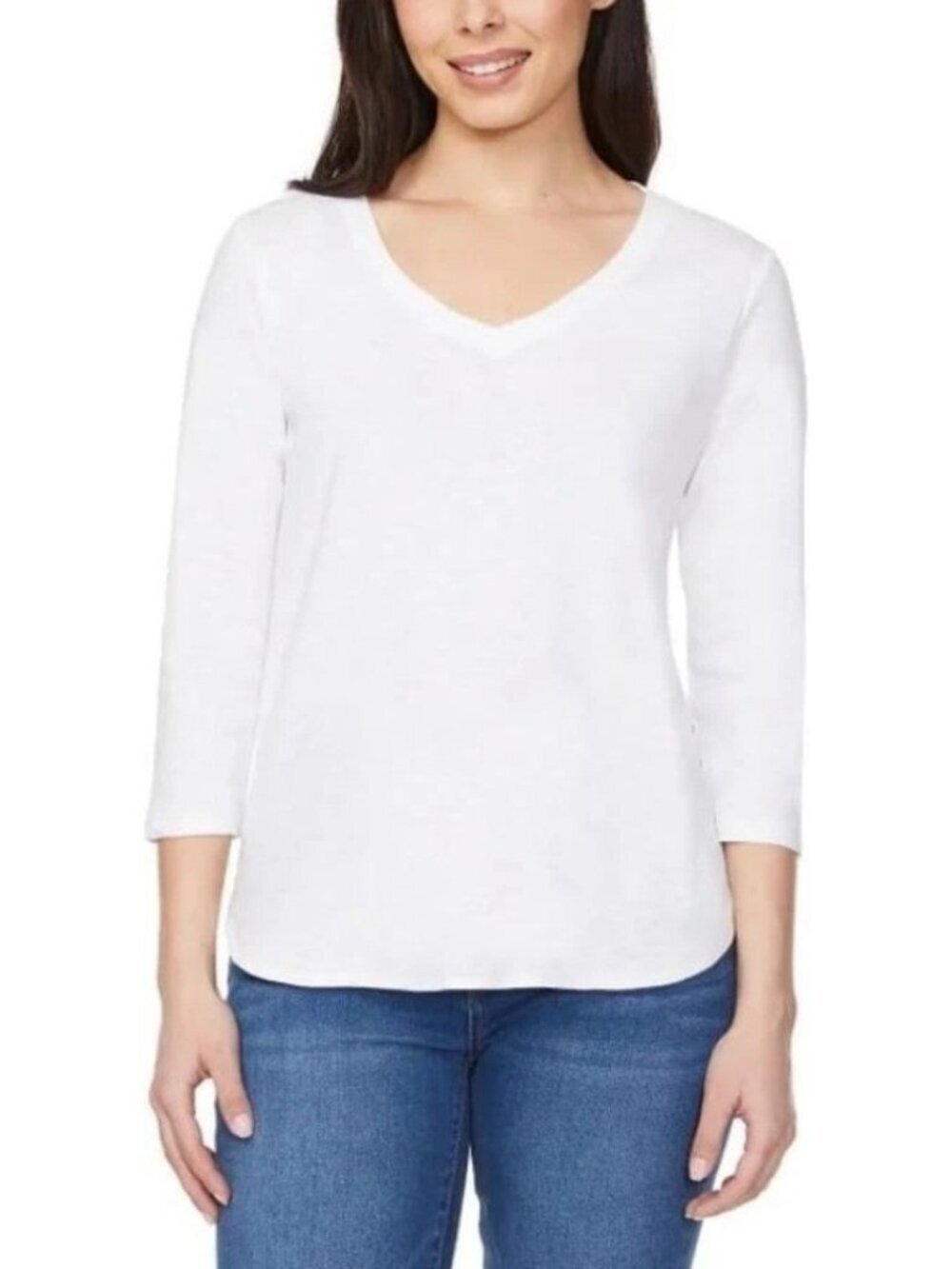NWT Kirkland Signature Women's XL White 3/4 Sleeve V-Neck Slub Tee Comfort B0499